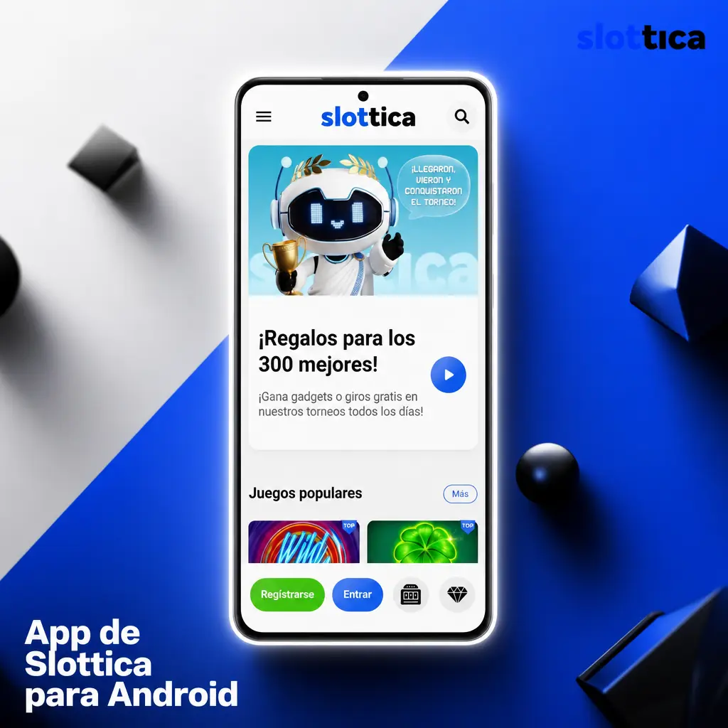 Aplicación de Slottica para Android, compatible con versión 8.0 o superior, con menos de 50 MB de almacenamiento.