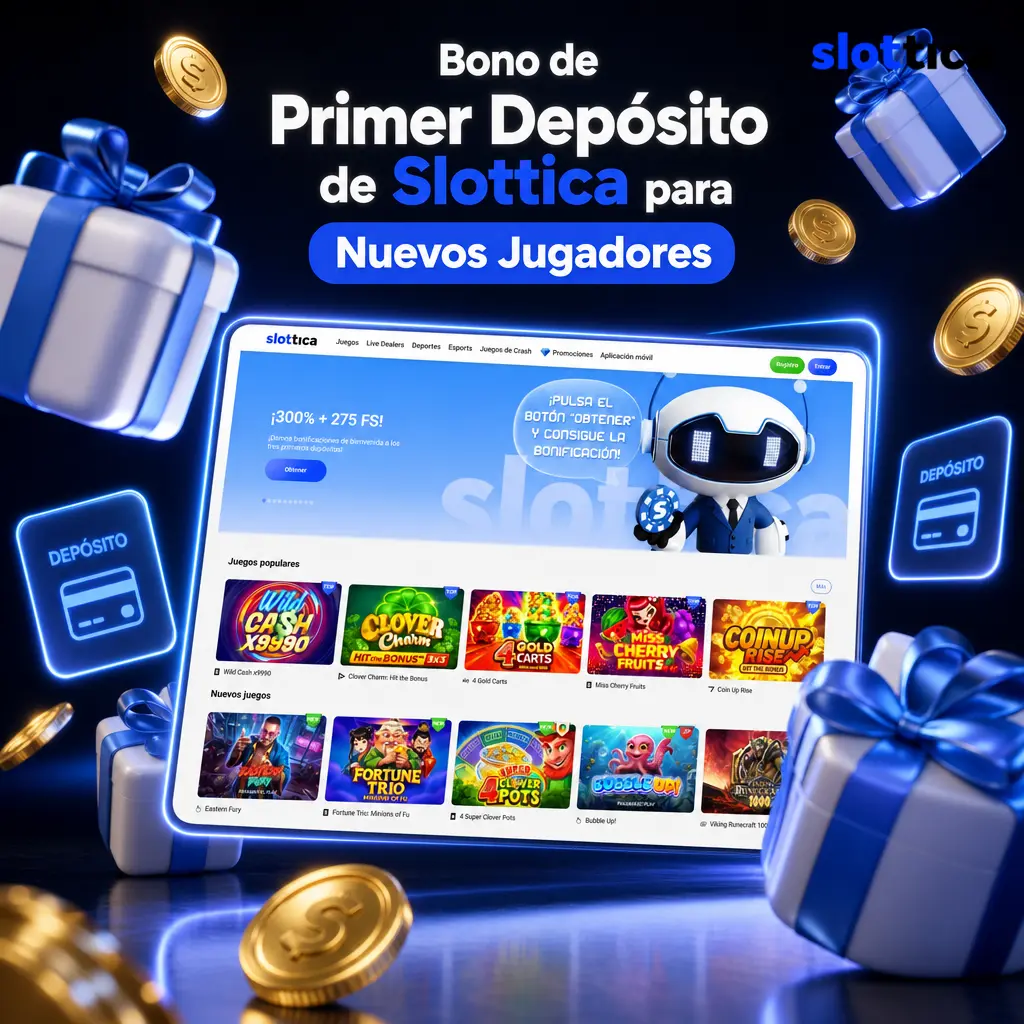 Bono de primer depósito Slottica: 200% hasta 300.000 CLP más giros gratis en casino, o 100% hasta 100.000 CLP en deportes