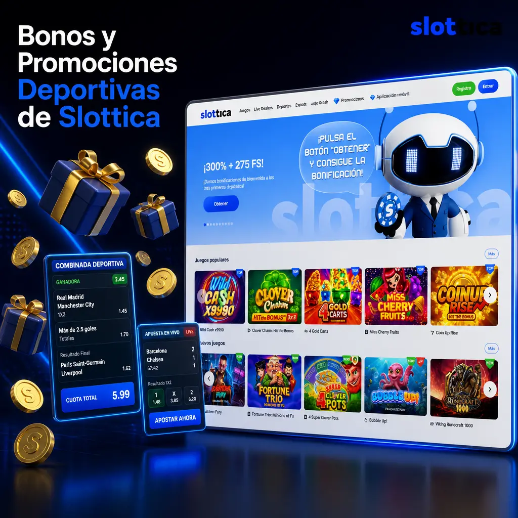 Bonos y promociones deportivas de Slottica: bienvenida 200%, segundo depósito, cashback semanal y programa de fidelidad.