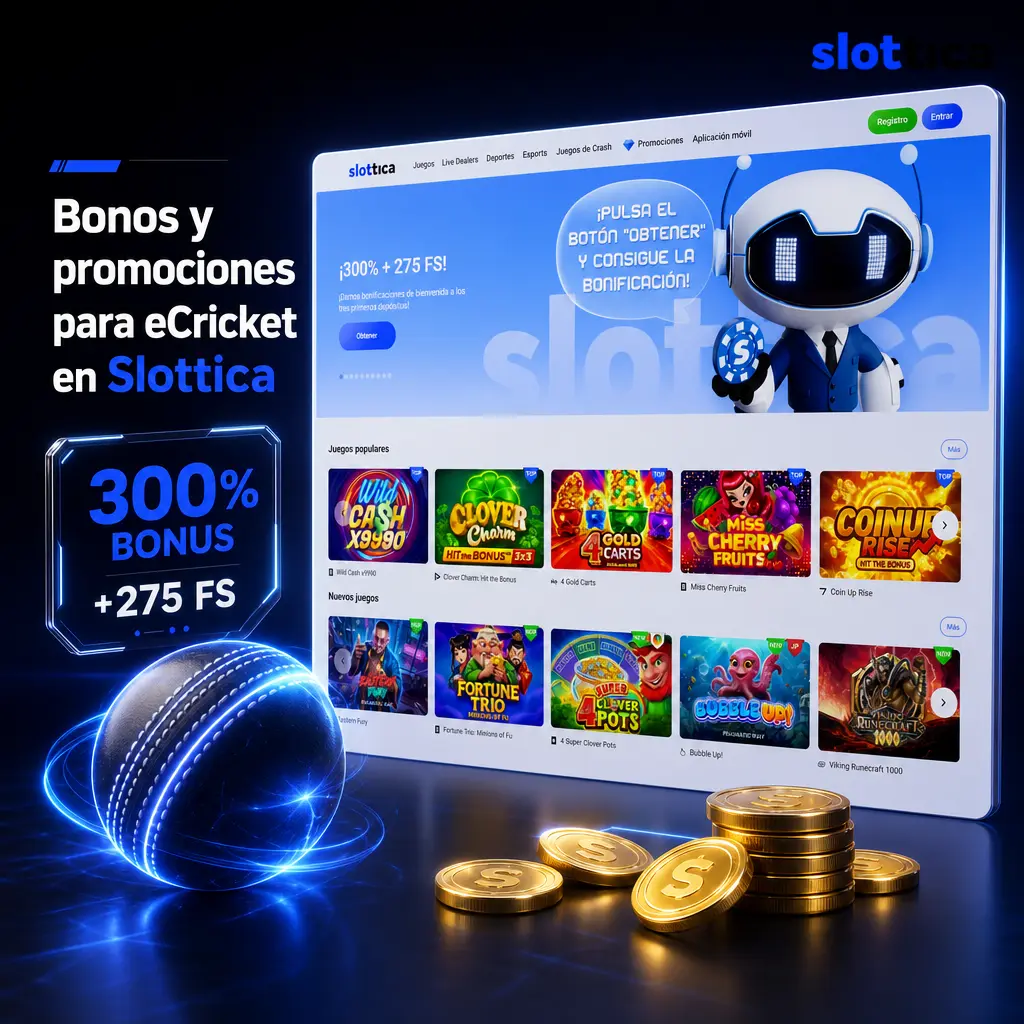 Bonos y promociones de Slottica para eCricket: bienvenida, segundo depósito y cashback en torneos de eSports 2026.