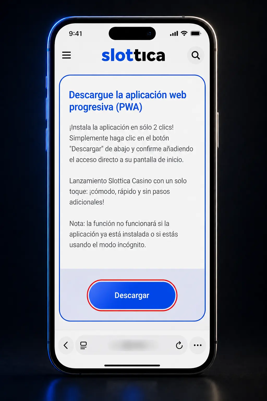 Guía paso a paso para descargar e instalar la app de Slottica en iOS desde Safari en iPhone o iPad.