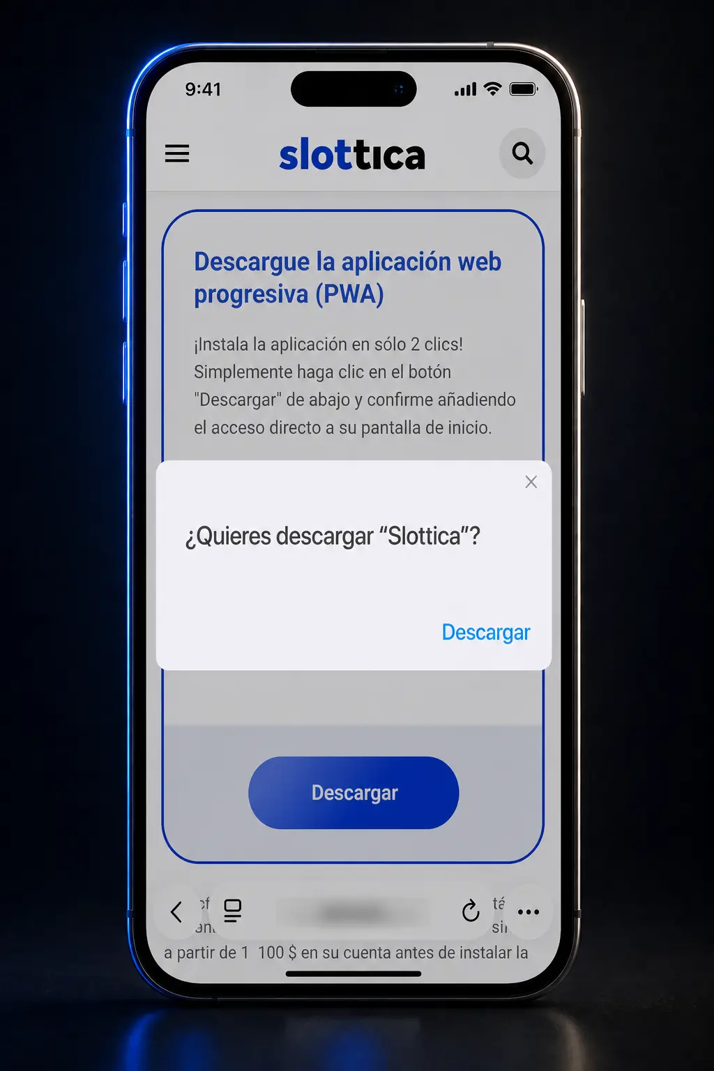 Pasos para descargar e instalar la app de Slottica en iOS desde Safari y agregarla a la pantalla de inicio.