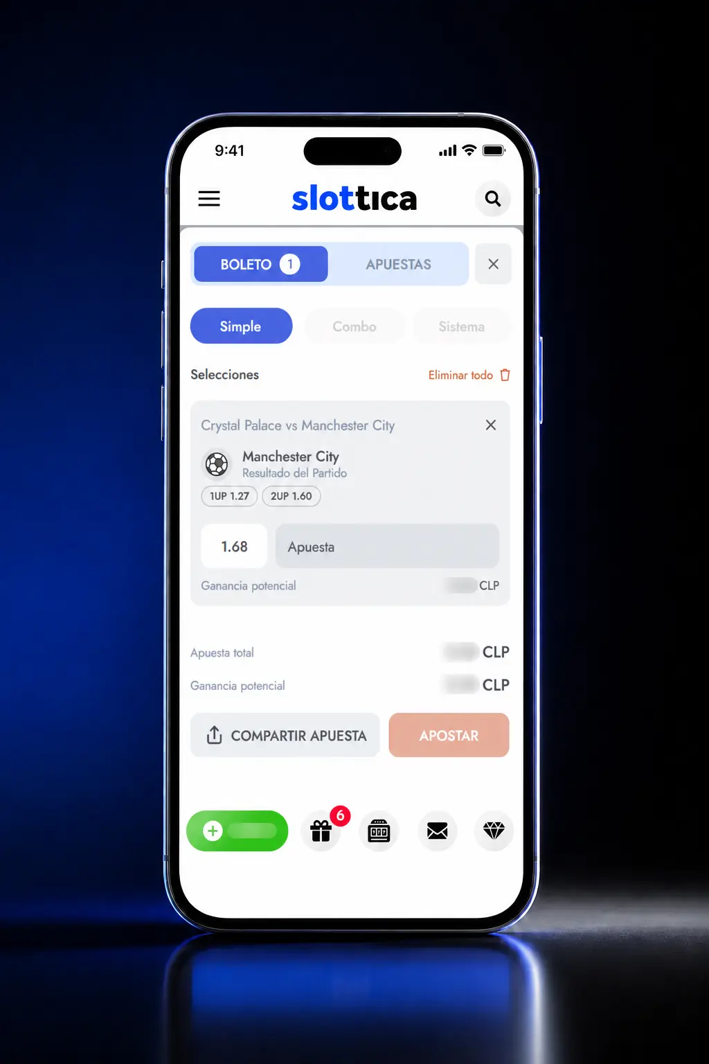 Captura de pantalla móvil mostrando el proceso paso a paso para realizar una apuesta en Slottica en CLP.