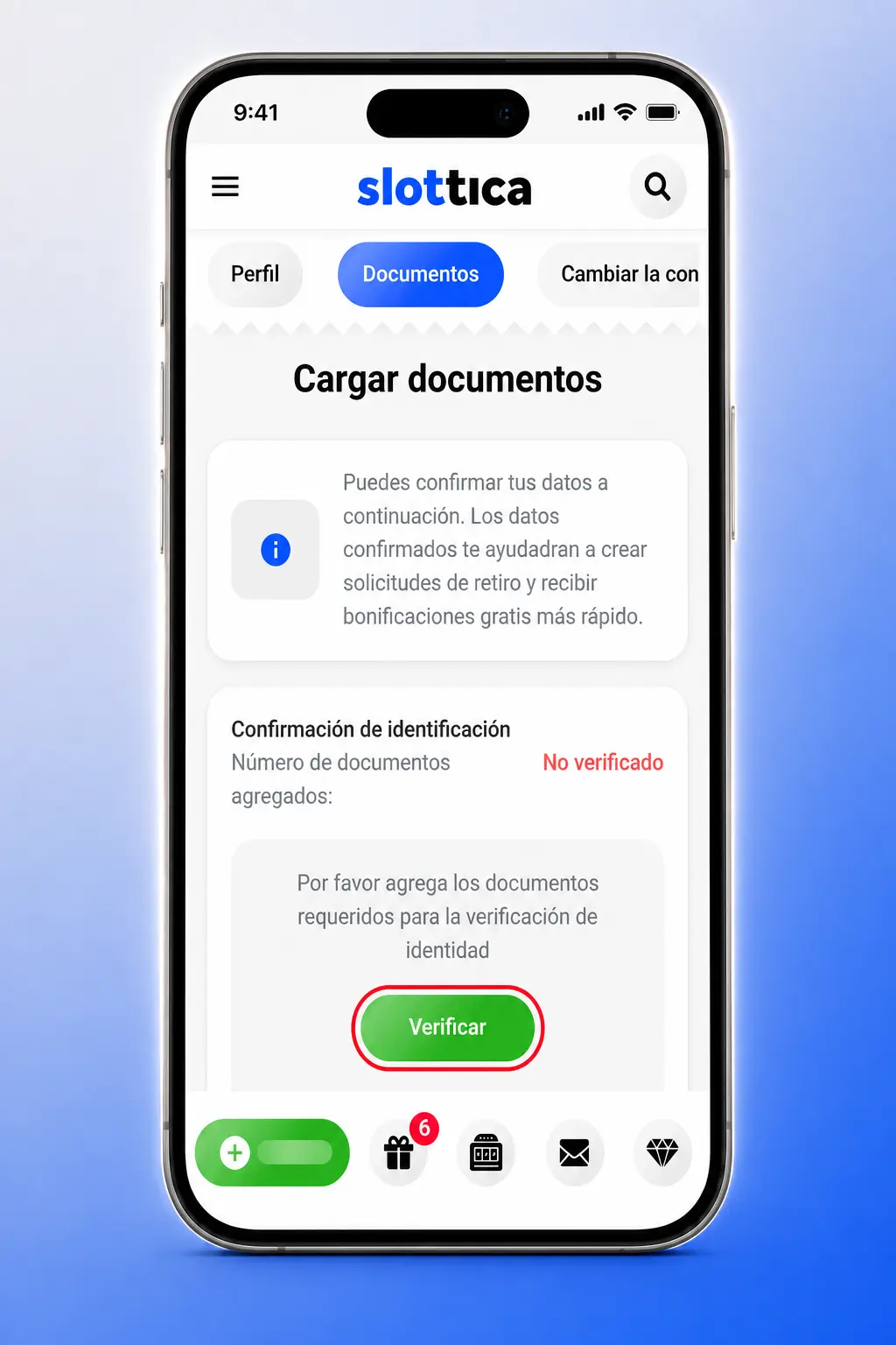 Pasos para verificar tu identidad en Slottica: sube cédula, comprobante de domicilio y método de pago desde tu cuenta.