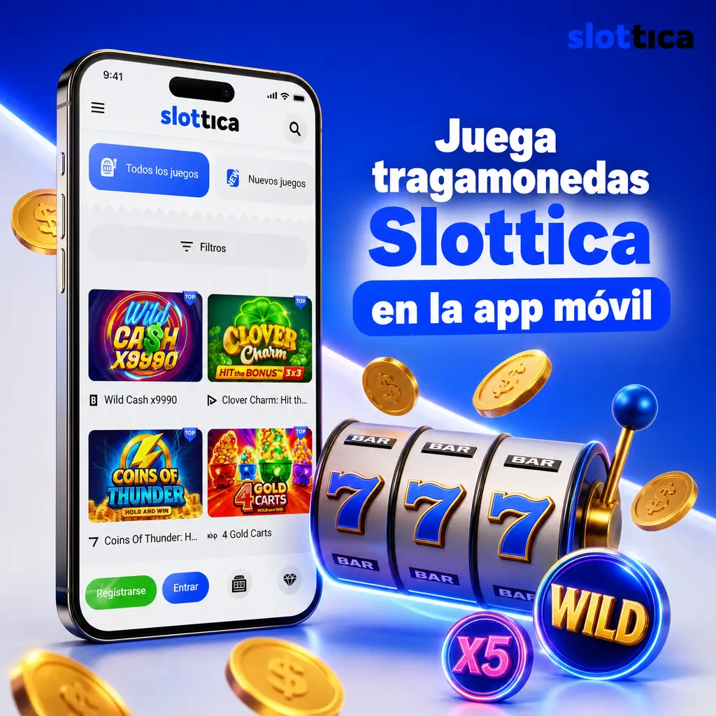 Aplicación móvil de Slottica mostrando el lobby de tragamonedas con filtros, categorías y acceso a giros gratis