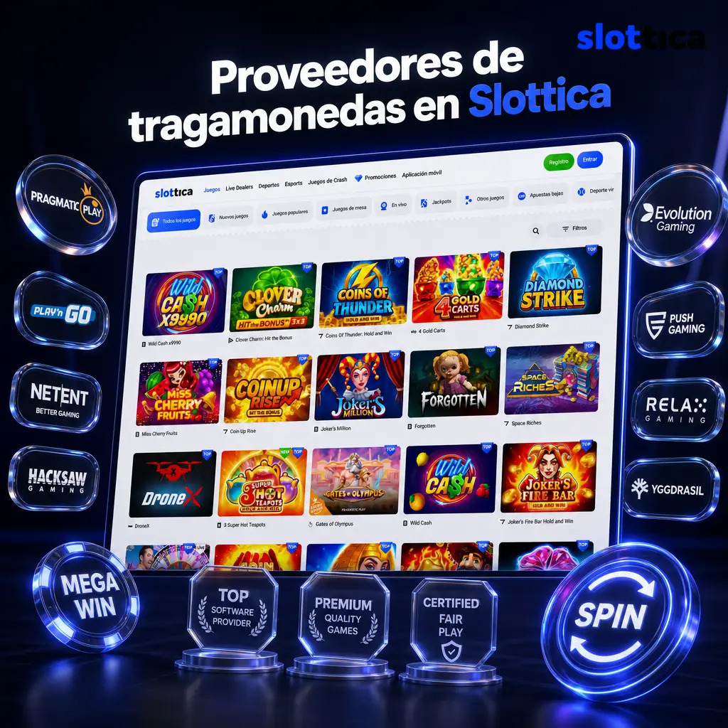 Catálogo de tragamonedas en Slottica con más de 60 proveedores certificados como Pragmatic Play, NetEnt y Play'n GO.