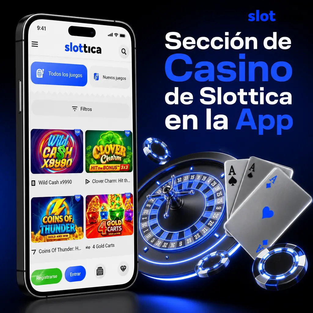 Sección de casino de Slottica en la app con tragamonedas, mesa, en vivo, jackpots y juegos crash organizados por categorías