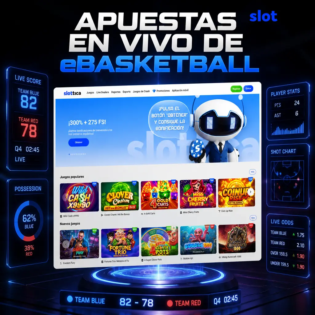 Cuotas de eBasketball en Slottica actualizadas cada 10-15 segundos, con marcador y transmisión en vivo integrados.