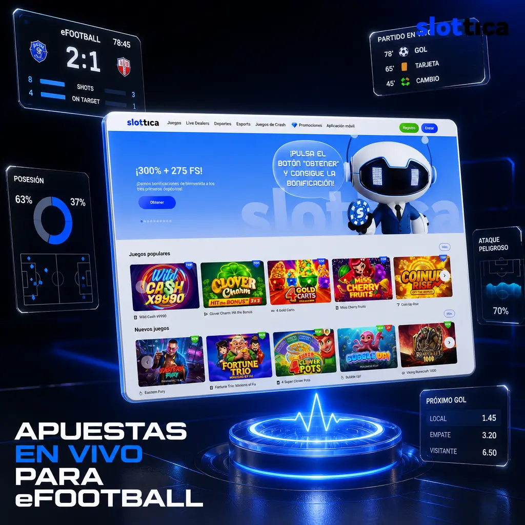 Cuotas en vivo para eFootball en Slottica con marcador, tiempo restante y estadísticas de tiros a puerta en tiempo real.