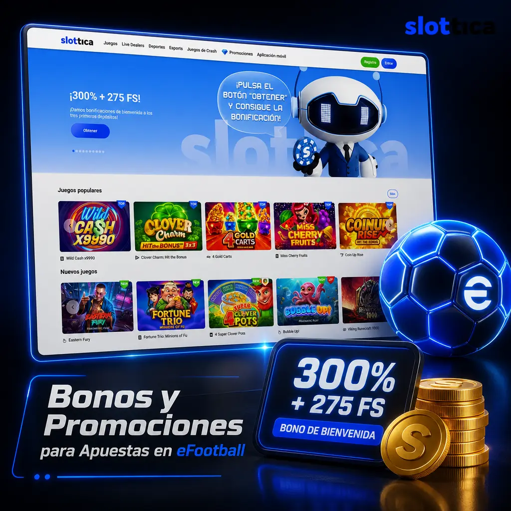 Bono de bienvenida Slottica: 200% extra en tu primer depósito más 30 giros gratis para apostar en eFootball.