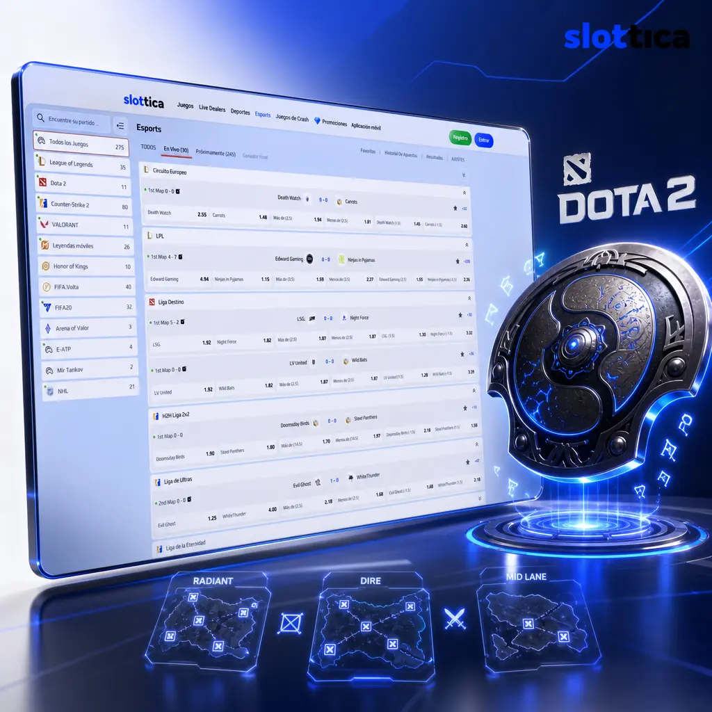 Apuestas en vivo para Dota 2 en Slottica: ganador, hándicap de kills y duración de partida en torneos como The International y ESL One
