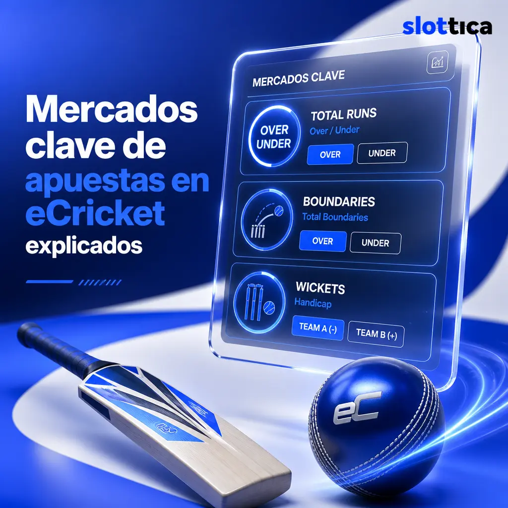 Mercados de apuestas de eCricket en Slottica: ganador, total de carreras, límites, wickets y hándicap por innings.