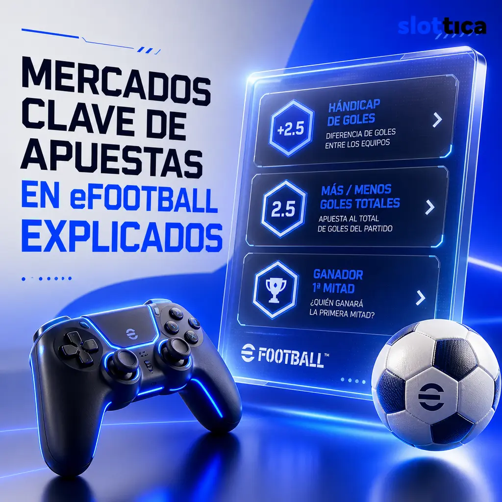 Seis mercados de apuestas en eFootball en Slottica: ganador, hándicap, total de goles, BTTS, descanso/final y marcador exacto.