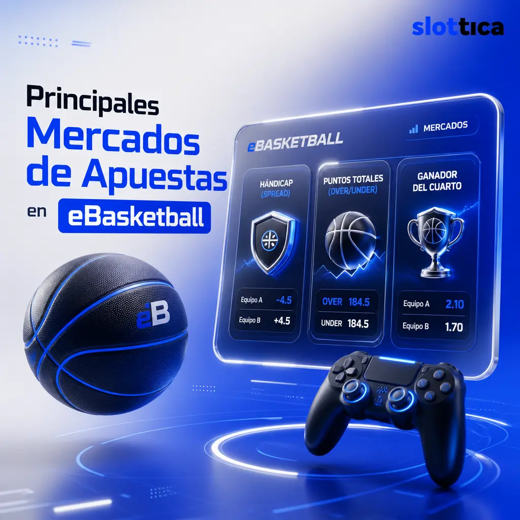 Mercados de apuestas eBasketball en Slottica: spread, moneyline, over/under, cuarto/mitad, carrera a 20 puntos y puntos por jugador.