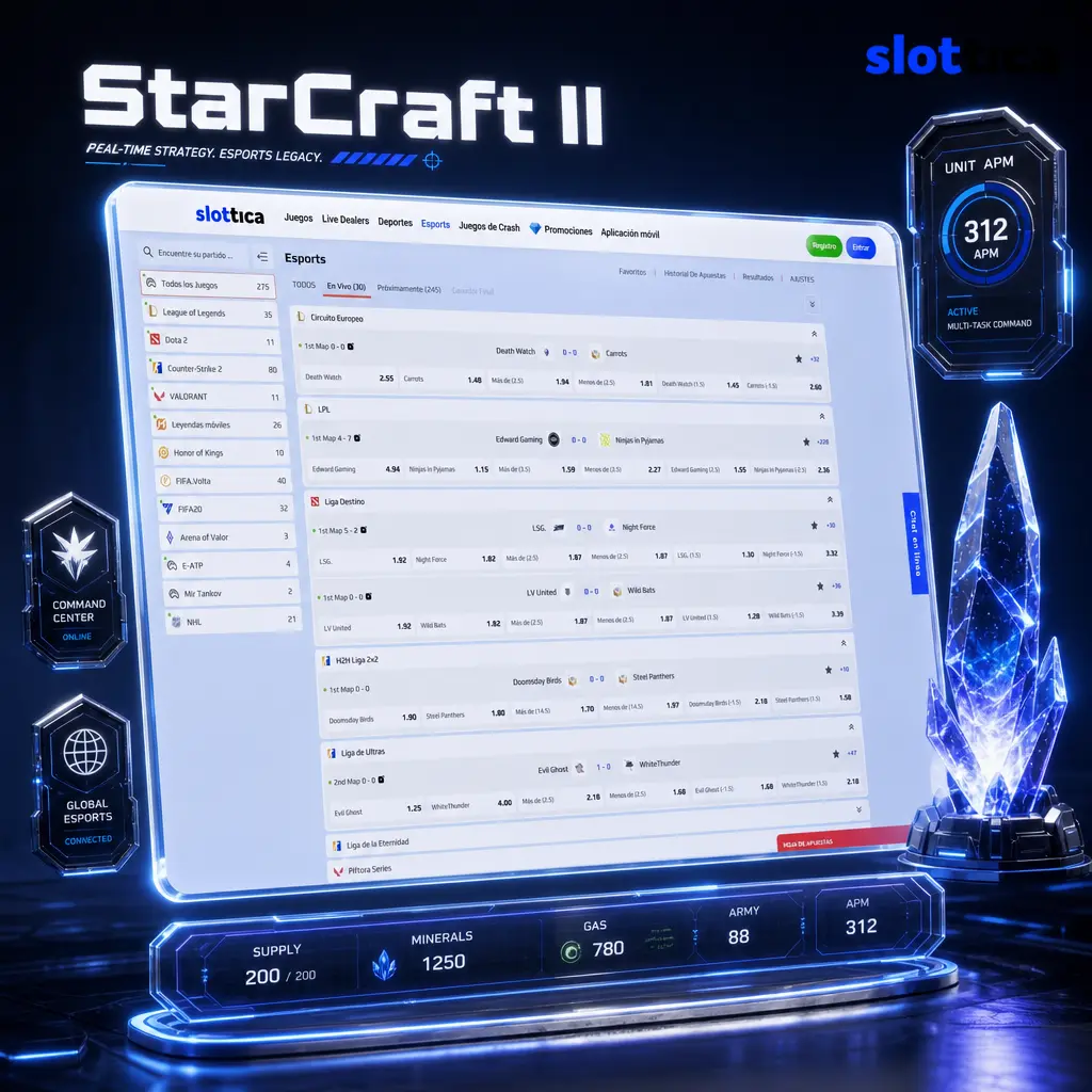 Partida de StarCraft II 1 contra 1, disciplina con apuestas en vivo a ganador de mapa, serie y hándicap.