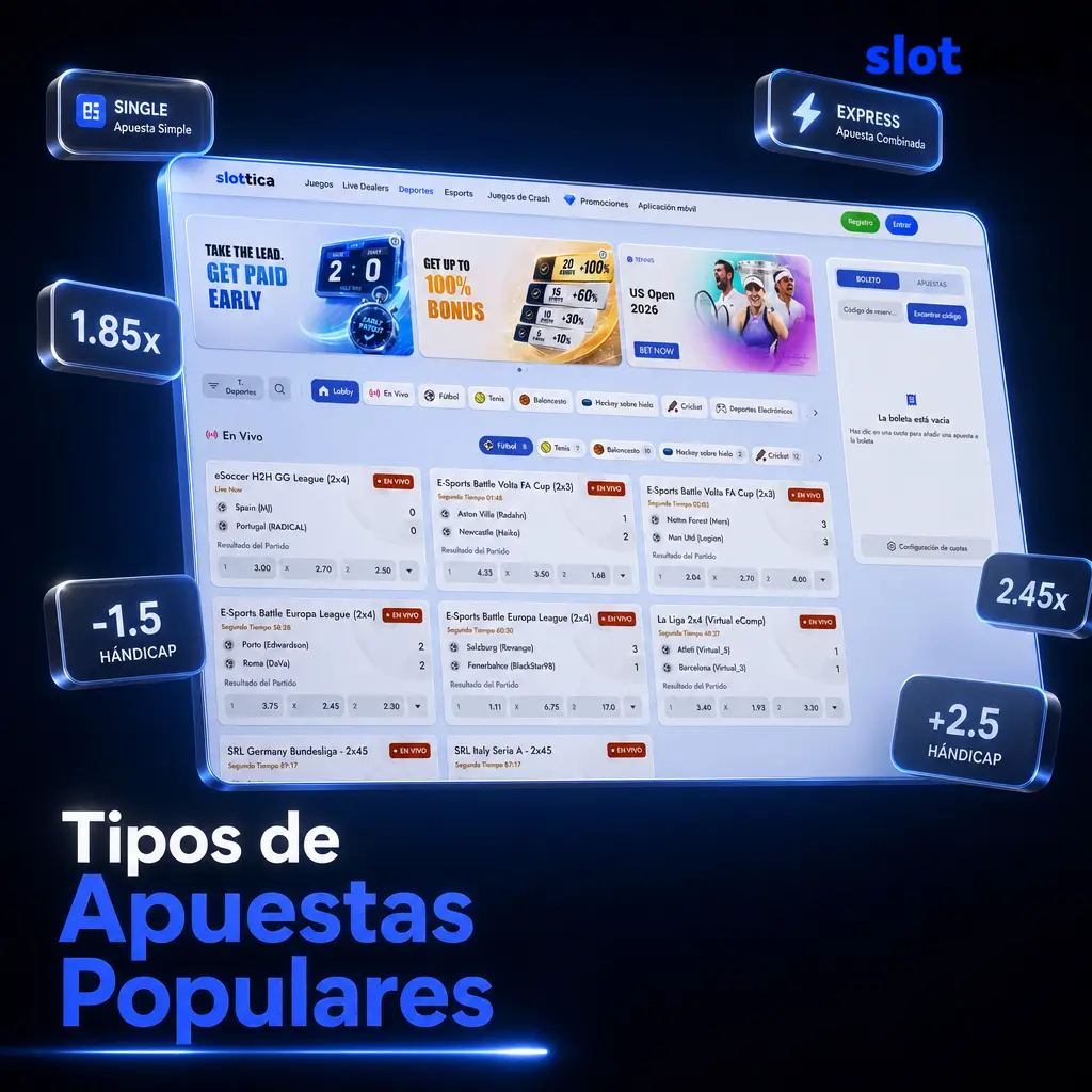 Tipos de apuestas deportivas en Slottica: simple, combinada, sistema, hándicap, over/under, en vivo y cash out.