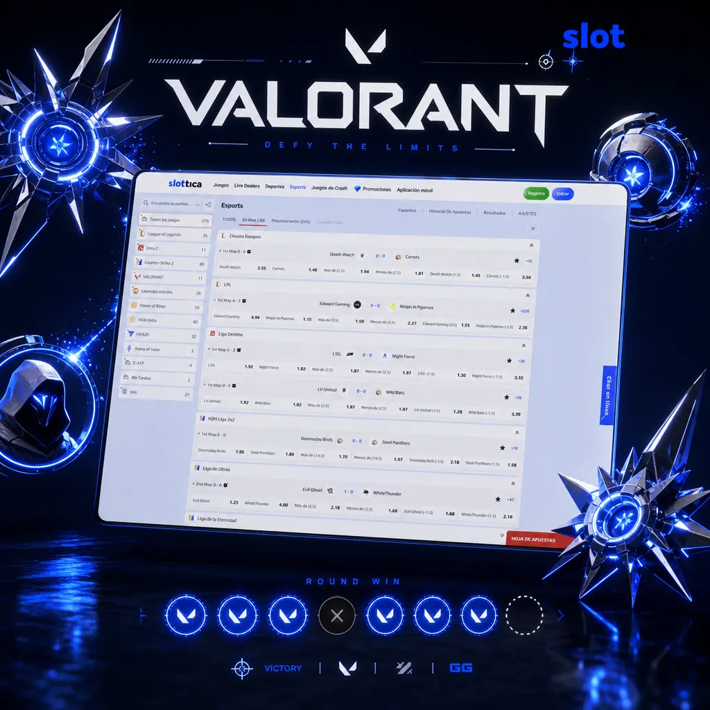 Valorant: apuestas en Slottica para VCT Champions, Masters, Americas, EMEA y Pacific con cuotas en vivo por ronda.